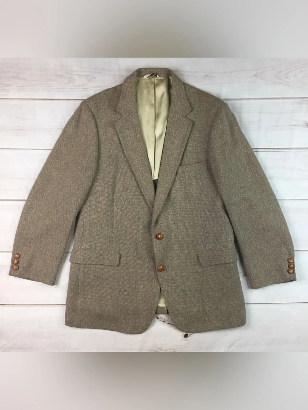 Vintage Men’s 42R Lambswool Tweed Plaid Tan Blazer Jacket Bespoke Sport Coat